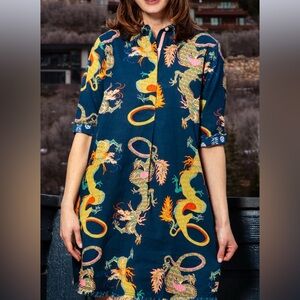Dizzy Lizzie Navy Dragon Print Chatham dress with frayed edges and short sleeves